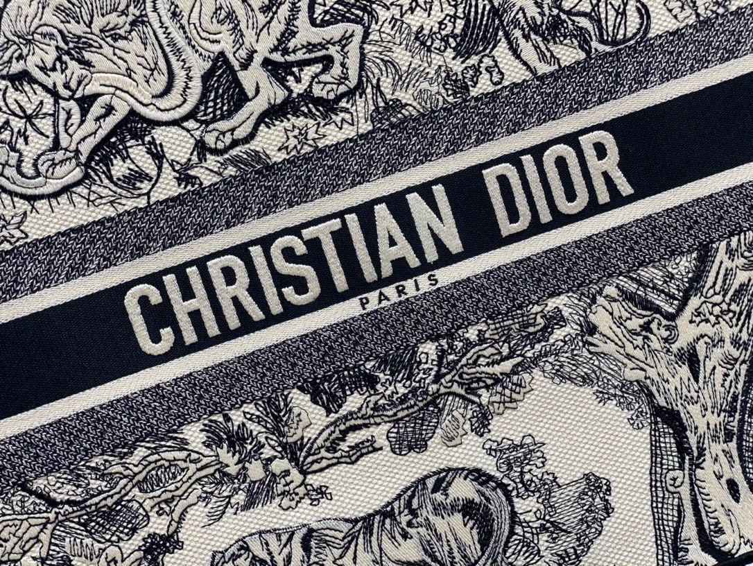 large D*or book tote ecru and blue toile de jouy embroidery 16.5 x 14 x 7.5 inches