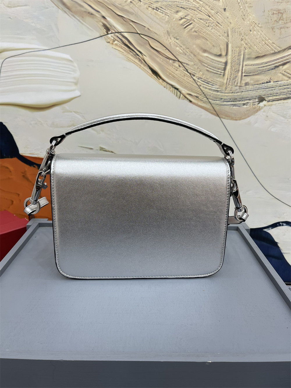 VALENTINO GARAVANI LOCÒ CALFSKIN SHOULDER SMALL BAG SILVER 22 x 16  x 7 cm