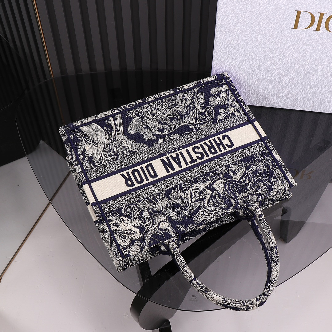 medium D*or book tote blue and ecru toile de jouy reverse embroidery 14 x 11 x 6.5 inches