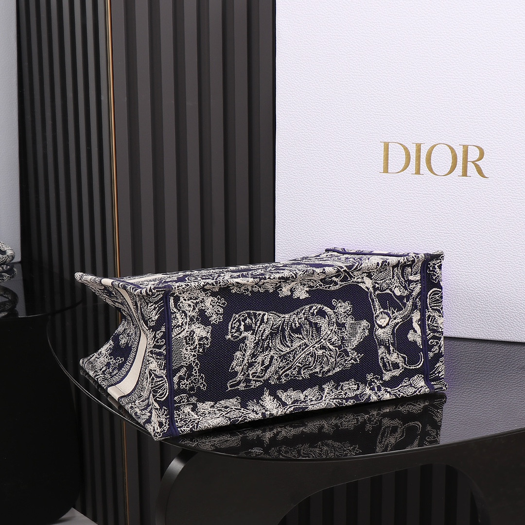 medium D*or book tote blue and ecru toile de jouy reverse embroidery 14 x 11 x 6.5 inches