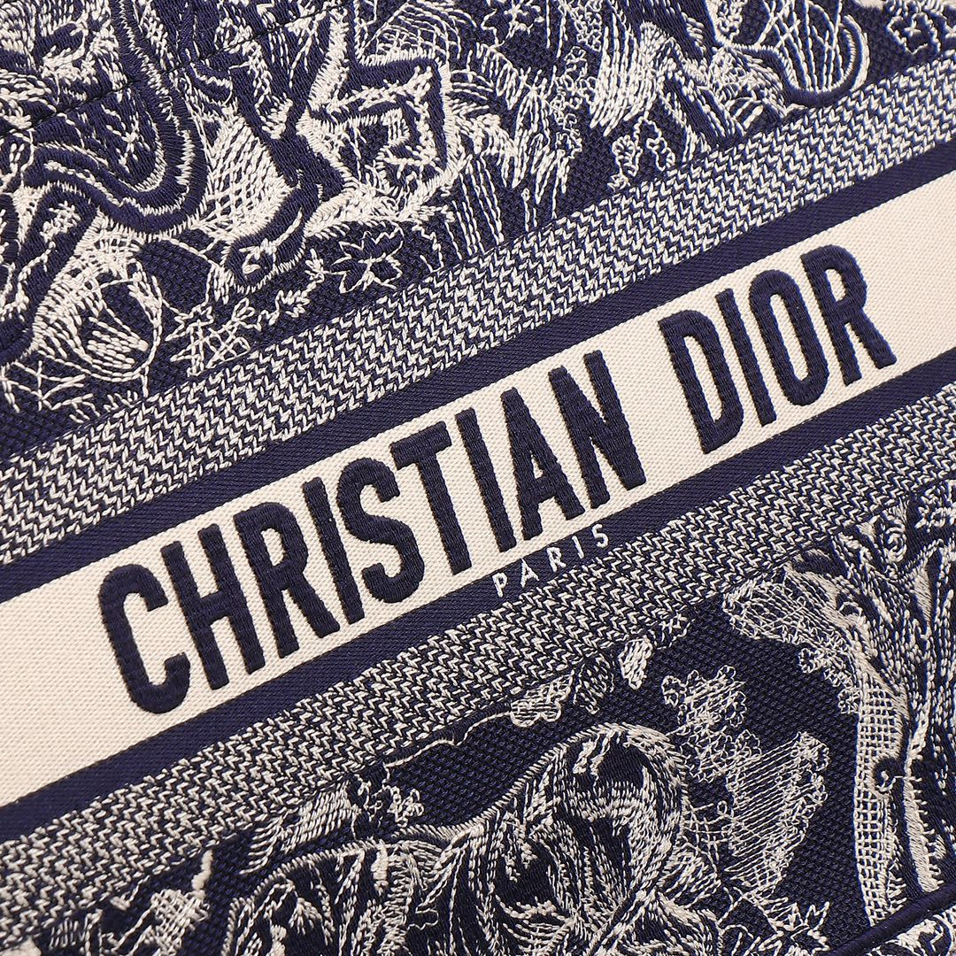 medium D*or book tote blue and ecru toile de jouy reverse embroidery 14 x 11 x 6.5 inches