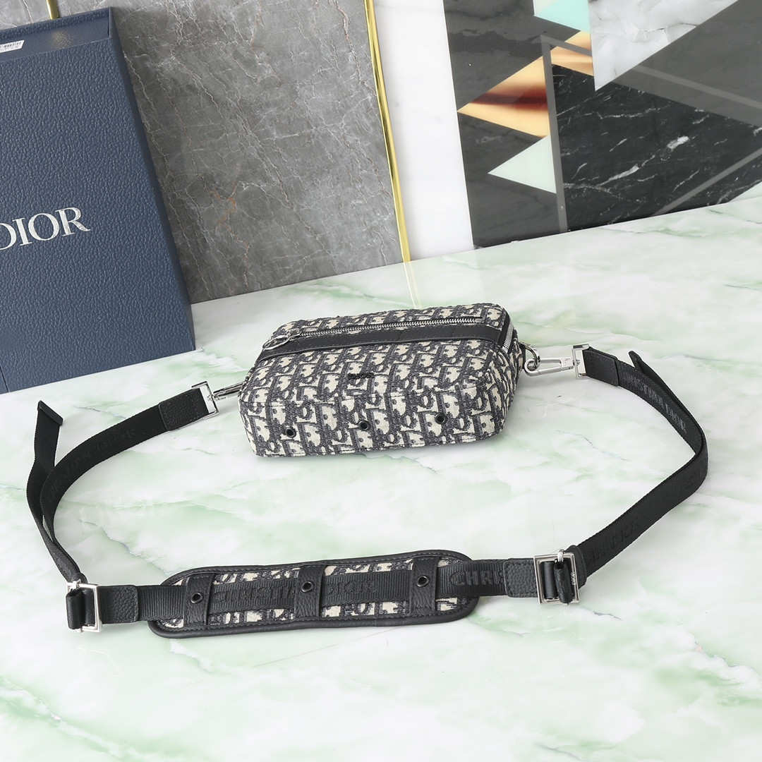 D*or safari bag with strap beige and black D*or oblique jacquard 8.5 x 6 x 2.5 inches