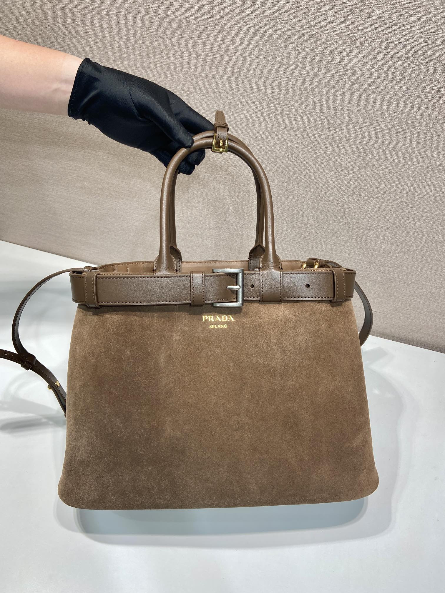 Pra*a large Pra*a buckle suede bag with belt 27.5x37.5x14cm